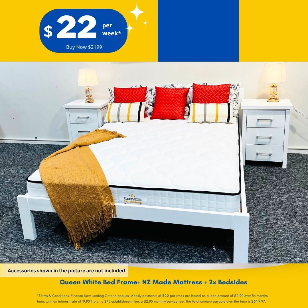 Queen white bed frame mattress bedside package